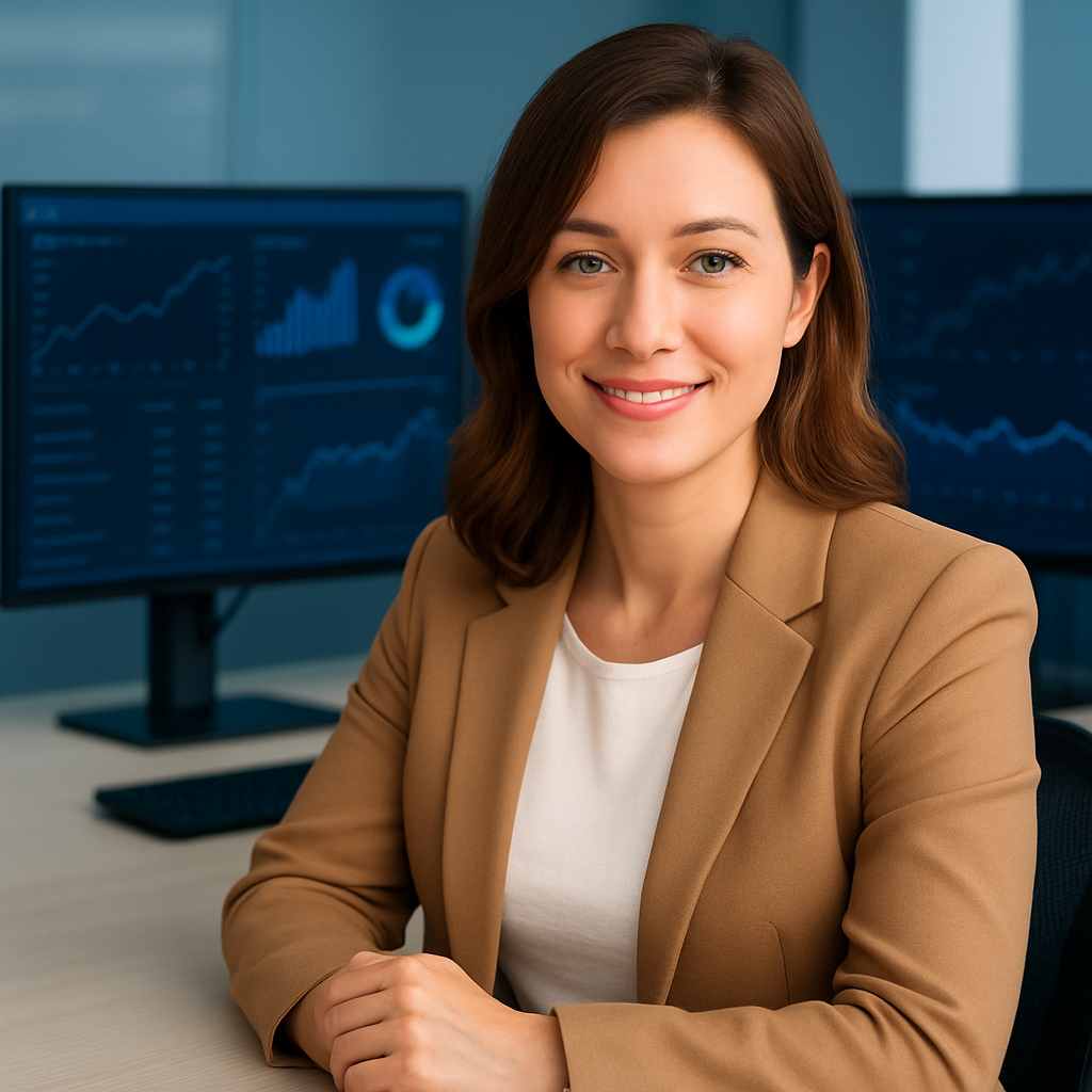 Ejecutivo mostrando software de créditos en pantalla